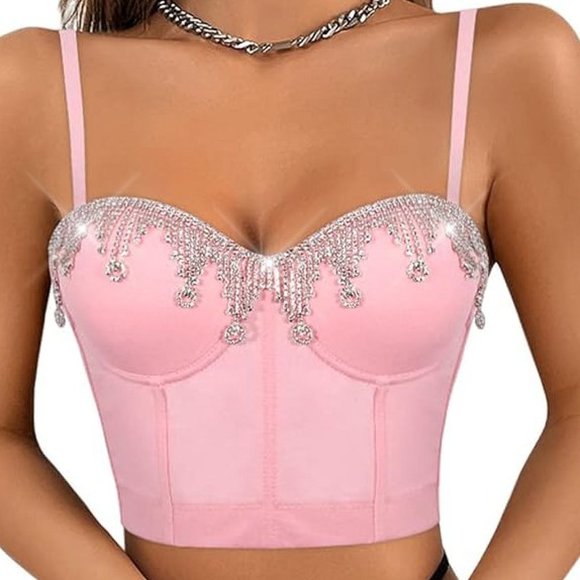 NWT Sparkling Bling Swarovski Crystal Rhinestone Pink Bustier Bra Top + … - Picture 2 of 9
